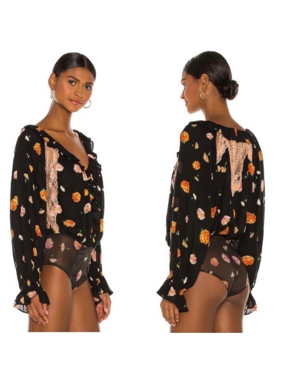 Intimately Free People Poppy Printed Bodysuit Black Orange Size XS